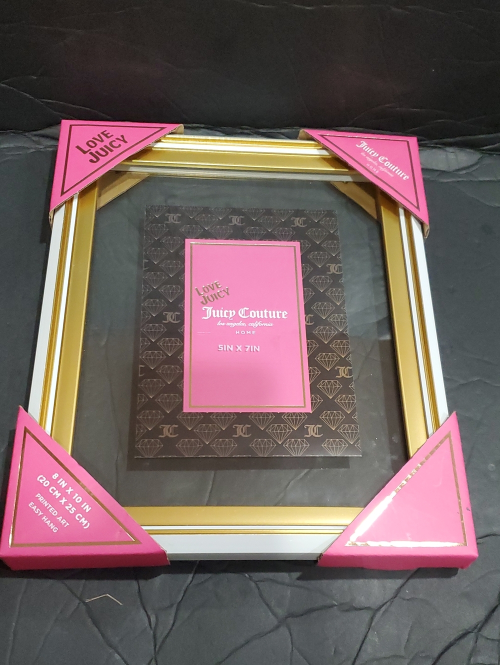 Juicy Couture home gold white frame pink black JC monogram glass frame art decor